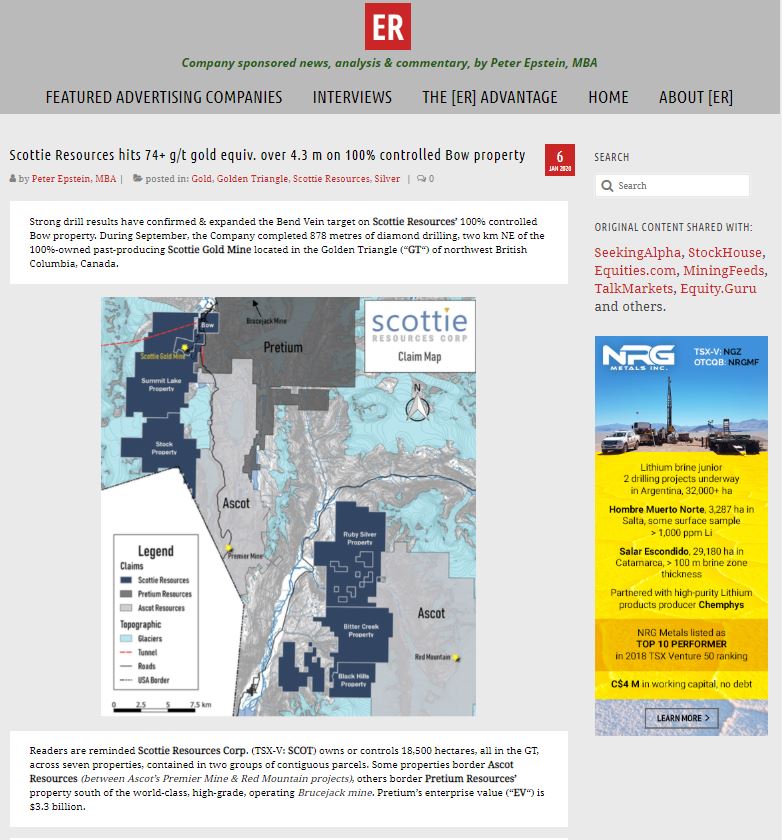 Scottie Resources hits 74+ g/t gold equiv. over 4.3 m on 100% controlled Bow property